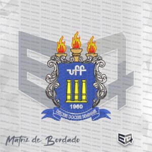 Matriz de bordado computadorizado do brasão oficial da Universidade Federal Fluminense (UFF) com fundo azul, pilares amarelos, três tochas douradas e lema em latim na base.