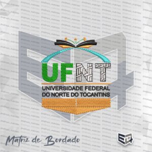 Matriz de bordado computadorizado da UFNT, com sigla UFNT em verde e branco texturizado, arco azul superior, símbolo de livro e nome completo da universidade abaixo