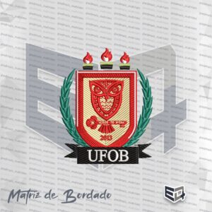 Matriz de bordado do brasão oficial da UFOB com coruja vermelha, chave, três tochas no topo e ramos verdes laterais sobre fundo bege e vermelho.