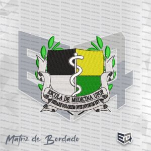 Matriz de bordado da Escola de Medicina UFOP, apresentando escudo colorido, bastão de Esculápio branco, ramos de louro verdes e faixas com o lema institucional em latim.