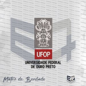 Matriz de bordado computadorizado da UFOP, com brasão ornamental barroco em cinza e branco, sigla UFOP em fundo vermelho e nome da universidade abaixo