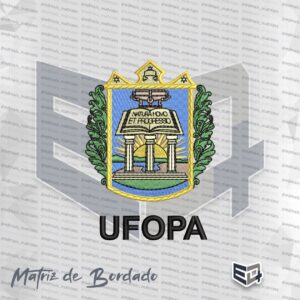 Matriz de bordado computadorizado do brasão oficial da UFOPA (Universidade Federal do Oeste do Pará) com detalhes em dourado, azul e verde, exibindo o lema Natura Homo Et Progresso