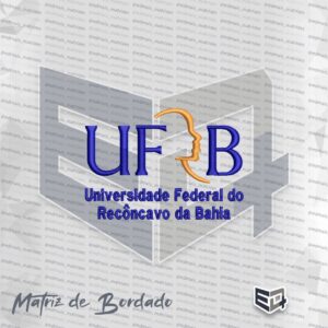 Matriz de bordado digital da logomarca UFRB - Universidade Federal do Recôncavo da Bahia com letras azuis e símbolo central em dourado
