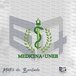 Matriz de bordado em tons de verde do curso de Medicina da UNEB, apresentando o bastão de Esculápio com serpente e ramos de louro laterais.