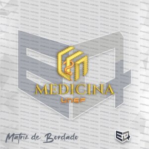 Matriz de bordado digital do curso de Medicina da UNEF. O ícone superior combina o monograma da UNEF em dourado com o bastão de Esculápio e a serpente em tons de cobre. Abaixo, a palavra "MEDICINA" em letras grandes douradas e a sigla "UNEF" na base, com acabamento acetinado e efeito de relevo