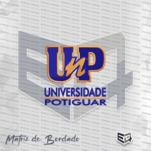 Matriz de bordado computadorizado da UnP, apresentando a sigla UnP em azul com contornos dourados e o nome Universidade Potiguar escrito abaixo