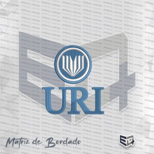 Matriz de bordado digital da URI. No topo, um emblema circular azul com borda branca e um ícone estilizado central. Abaixo, a sigla "URI" em letras grandes de cor azul com preenchimento em ponto acetinado e detalhes de alta definição