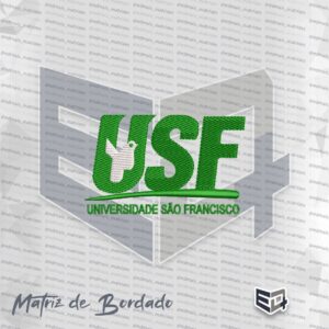 Matriz de bordado digital da Universidade São Francisco (USF), apresentando a sigla USF em verde com símbolo de pomba branca no 'U' e o nome da instituição na base