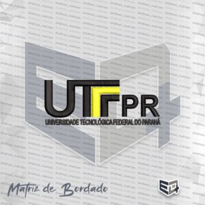 Matriz de bordado computadorizado do logotipo da UTFPR em cores preto e amarelo sobre fundo preto, com o nome da Universidade Tecnológica Federal do Paraná escrito abaixo
