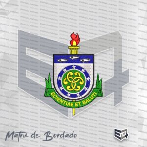 Matriz de bordado computadorizado do brasão da Uncisal, com tocha dourada e chama vermelha no topo, escudo com peixes e faixa verde inferior com a inscrição Scientiae Et Saluti.