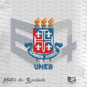 Matriz de bordado do brasão da UNEB com três tochas no topo, escudo azul e vermelho com flores-de-lis brancas e faixa azul inferior com o lema Hominem Augere.