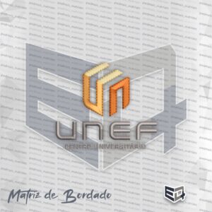Matriz de bordado digital da UNEF Centro Universitário. O topo apresenta um ícone estilizado em tons de laranja e bege com efeito 3D. Abaixo, a sigla "UNEF" em cinza com ponto cheio acetinado e a inscrição "CENTRO UNIVERSITÁRIO" em letras menores brancas com contorno nítido