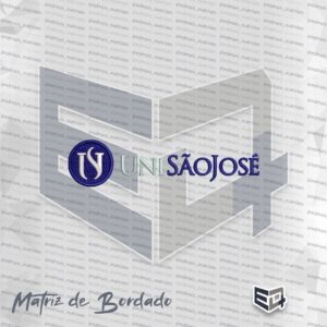 Matriz de bordado digital do logotipo UniSãoJosé com brasão circular azul e letras brancas, ideal para uniformes e jalecos universitários