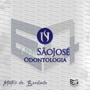 Matriz de bordado digital do logotipo completo UniSãoJosé Odontologia, com brasão circular, textos 'UNISÃOJOSÉ' e 'ODONTOLOGIA' em tons de azul e prata, ideal para personalizar jalecos de dentistas