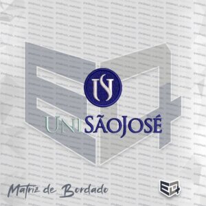 Matriz de bordado digital do logotipo UniSãoJosé com brasão circular azul e letras brancas centralizado acima do nome Uni São José, ideal para uniformes e jalecos universitários