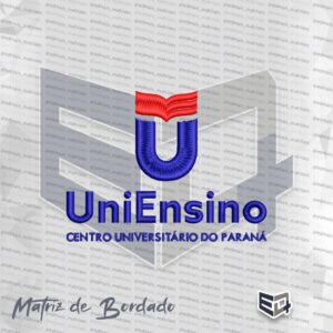 Matriz de bordado computadorizado do UniEnsino, apresentando um logotipo em azul com um detalhe vermelho superior em formato de livro e o texto Centro Universitário do Paraná