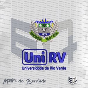 Matriz de bordado computadorizado do brasão da Universidade de Rio Verde (UniRV) com ramos prateados, escudo central verde e cinza, e logotipo UniRV Universidade de Rio Verde de cor azuk na base.