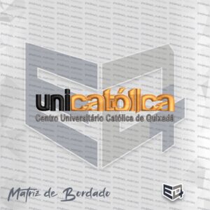 Matriz de bordado computadorizado da logomarca Unicatólica - Centro Universitário Católica de Quixadá, com letras em relevo dourado e preto, digitalizada profissionalmente para jalecos e uniformes.