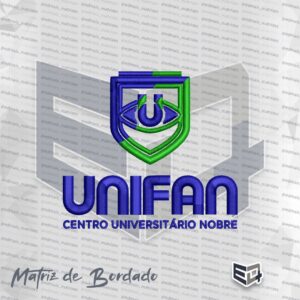 Matriz de bordado computadorizado da UNIFAN, apresentando o escudo em azul e verde com símbolo central e o texto Centro Universitário Nobre na base.