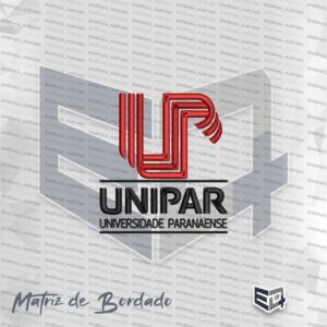 Matriz de bordado digital da UNIPAR. Na parte superior, um monograma estilizado em vermelho com linhas curvas. Abaixo, a palavra "UNIPAR" em letras grandes pretas e a inscrição "UNIVERSIDADE PARANAENSE" em letras menores, tudo em ponto cheio com acabamento de alta definição