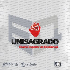 Matriz de bordado computadorizado do logotipo UNISAGRADO, com símbolo geométrico em tons de vermelho e branco, texto principal em preto e slogan em vermelho