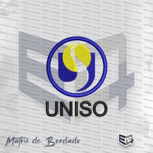 Matriz de bordado digital do logotipo da UNISO composto por um círculo azul, elementos internos em amarelo e azul que formam o símbolo institucional e o nome UNISO escrito em preto logo abaixo, com textura de pontos de bordado reais