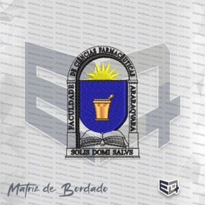 Matriz de bordado do brasão da Faculdade de Ciências Farmacêuticas da UNESP Araraquara, com sol amarelo, gral dourado sobre fundo azul e lema Solis Domi Salus.