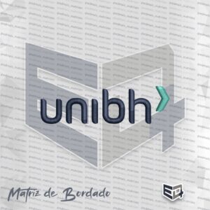 Matriz de bordado computadorizado com a escrita "unibh" em letras minúsculas de cor azul escura e um símbolo de seta (chevron) na cor verde água à direita