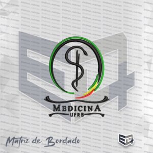 Matriz de bordado digital do brasão de Medicina UFRB com o símbolo da serpente estilizado e detalhes em verde, amarelo e vermelho