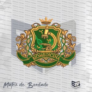 Matriz de bordado complexa do brasão de Biomedicina. Apresenta um escudo verde central com um microscópio e hélice de DNA em dourado. O escudo é cercado por ornamentos dourados, uma coroa no topo e uma faixa verde na base com a palavra "BIOMEDICINA" bordada em ouro