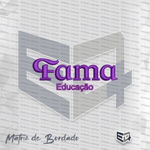 Matriz de bordado computadorizado com a nova identidade visual da Fama Educação (rebranding 2026). Apresenta a palavra "Fama" em fonte cursiva moderna e a palavra "Educação" logo abaixo, ambas em relevo de ponto cheio na cor violeta