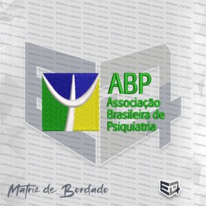 Matriz de bordado computadorizado da logomarca da Associação Brasileira de Psiquiatria (ABP). À esquerda, um ícone quadrado dividido em quadrantes azul, verde e amarelo com um símbolo branco central; à direita, a sigla ABP e o nome da instituição escrito em letras verdes com preenchimento em ponto cheio
