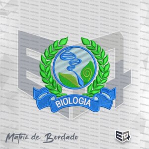 Matriz de bordado digital do curso de Biologia com ramos de folhas verdes laterais, hélice de DNA central sobre fundo azul e faixa inferior com o texto "BIOLOGIA" em letras brancas. Design profissional com textura de pontos de bordado aparente
