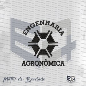 Matriz de bordado computadorizado monocromático em preto do símbolo de Engenharia Agronômica, apresentando um hexágono estilizado central rodeado por ramos de louro, tudo em ponto cheio preto sobre fundo preto para demonstração de contraste, com o texto "Engenharia Agronômica" em preto logo abaixo