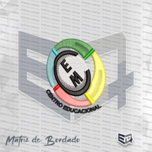 Matriz de bordado colorida do Centro Educacional de Manhuaçu (CEM), apresentando um design circular com arcos em verde, amarelo, rosa e azul, centro branco com a sigla CEM e o texto inferior "Centro Educacional" em preto.