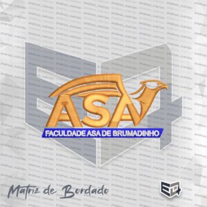 Matriz de bordado computadorizado do logotipo da Faculdade ASA de Brumadinho, apresentando a sigla ASA em letras douradas com preenchimento acetinado e uma águia estilizada à direita. Na parte inferior, uma faixa azul com o texto "FACULDADE ASA DE BRUMADINHO" em branco. Visualização digital simulando pontos de bordado reais