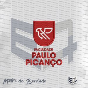 Matriz de bordado computadorizado da Faculdade Paulo Picanço. No topo, um escudo vermelho com um pássaro estilizado em branco no centro. Abaixo, o texto "FACULDADE PAULO PICANÇO" bordado em vermelho com acabamento em ponto cheio