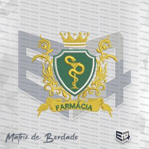 Matriz de bordado digital do curso de Farmácia no estilo brasão real. Possui coroa dourada no topo, escudo central verde com a taça e a serpente em dourado, cercado por ornamentos clássicos dourados e uma faixa inferior com a palavra "FARMÁCIA" em verde