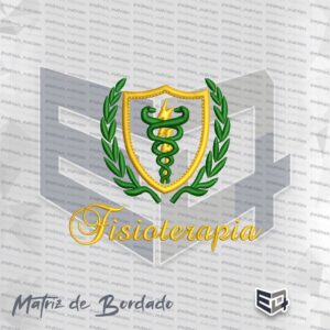 Matriz de bordado digital da Fisioterapia composta por um escudo dourado central com raio e serpentes verdes, ladeado por dois ramos de louro verdes. Abaixo, a palavra "Fisioterapia" escrita em fonte cursiva dourada com brilho acetinado