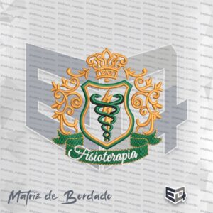 Matriz de bordado do curso de Fisioterapia estilo brasão real com coroa dourada ornamentada no topo, escudo central com raio e serpentes, e faixa verde inferior com o nome "Fisioterapia" em letras brancas cursivas