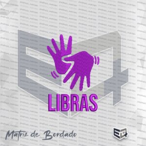 Matriz de bordado computadorizado do símbolo de LIBRAS em cor roxa. Apresenta duas mãos estilizadas sobrepostas, indicando movimento, e o texto "LIBRAS" logo abaixo em letras maiúsculas.
