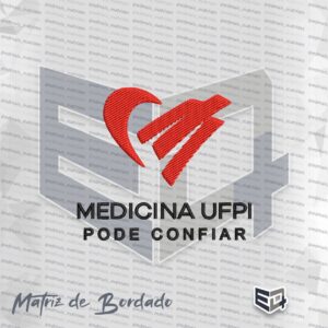 Matriz de bordado digitalizada do logotipo Medicina UFPI Pode Confiar, apresentando um coração estilizado em pontos de cetim vermelho e tipografia bordada em preto, ideal para jalecos de estudantes da Universidade Federal do Piauí.