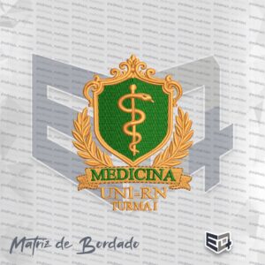 Matriz de bordado luxuosa para o curso de Medicina UNI-RN Turma I, apresentando brasão dourado ornamental com o bastão de esculápio centralizado sobre fundo verde, simulando relevo tridimensional e acabamento em fios acetinados