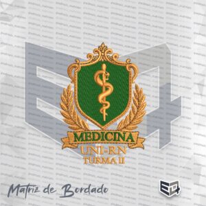 Matriz de bordado luxuosa para o curso de Medicina UNI-RN Turma II, apresentando brasão dourado ornamental com o bastão de esculápio centralizado sobre fundo verde, simulando relevo tridimensional e acabamento em fios acetinados