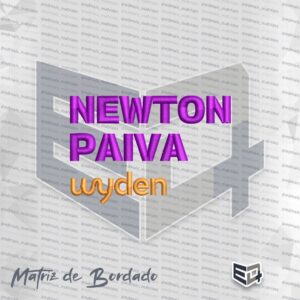 Matriz de bordado computadorizado do logotipo Newton Paiva Wyden com as palavras 'NEWTON PAIVA' em roxo acetinado e 'wyden' em dourado metálico, apresentando pontos densos e relevo profissional