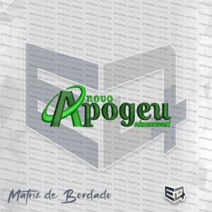 Matriz de bordado digital do logotipo "Novo Apogeu Educacional". Apresenta uma letra "A" grande e estilizada em tons de verde vibrante à esquerda, com as palavras "novo", "Apogeu" e "educacional" organizadas horizontalmente em diferentes tons de verde