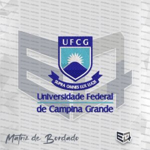 Matriz de bordado digitalizada do brasão da UFCG (Universidade Federal de Campina Grande) em ponto cheio e tatami, nas cores azul royal, azul piscina e branco, com a inscrição "Supra Omnes Lux Lucis" em uma faixa curva inferior. Com o Nome completo Universidade Federal de Campina Grande Abaixo