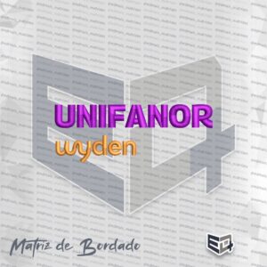 Matriz de bordado computadorizado do logotipo completo do Centro Universitário Unifanor Wyden sobre fundo preto, exibindo o nome 'UNIFANOR' em pontos de cetim roxos densos e 'wyden' em dourado metálico, com textura detalhada e alto relevo