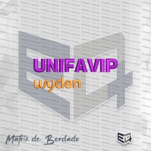 Matriz de bordado digital do logotipo UNIFAVIP Wyden. A palavra "UNIFAVIP" aparece em letras maiúsculas na cor roxa na parte superior, e a palavra "wyden" aparece em fonte cursiva na cor laranja/dourado na parte inferior, com textura de pontos de bordado visível