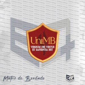 Matriz de bordado computadorizado do brasão da UniMB em formato de escudo. O fundo é bordô em ponto tatami com contorno dourado em ponto cheio. No centro, a sigla "UniMB" em dourado e o lema "VERBUM DEI VIRTUS ET SAPIENTIA EST" em letras brancas, com um detalhe de chamas estilizadas ao fundo